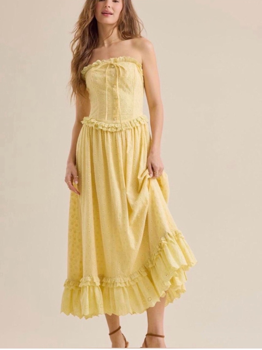 Altar'd State Strapless Yellow Eyelet Midi Dress - Picture 1 of 7
